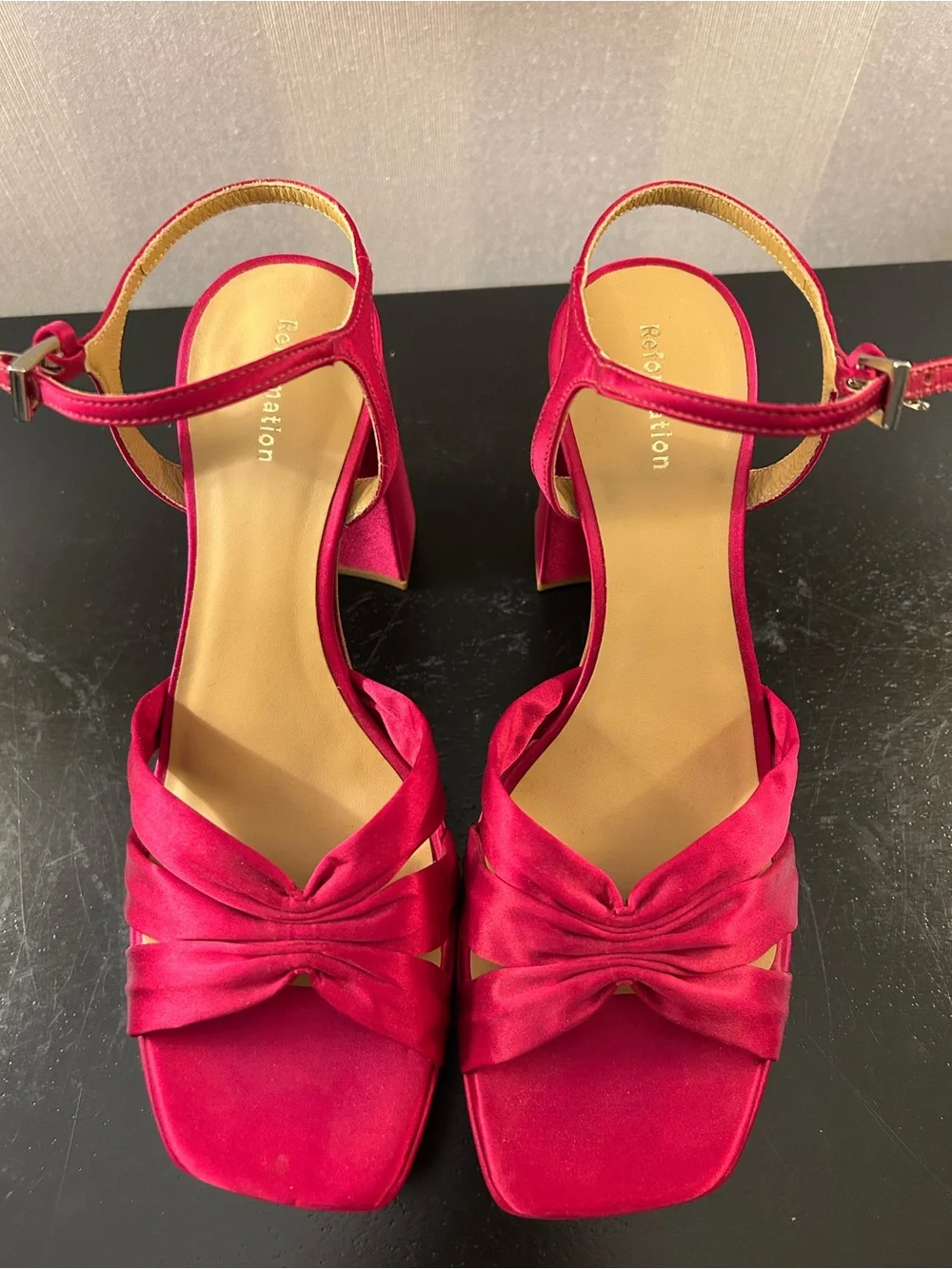 Reformation Monetta Women's Satin Platform Sandal  in Magenta Pink